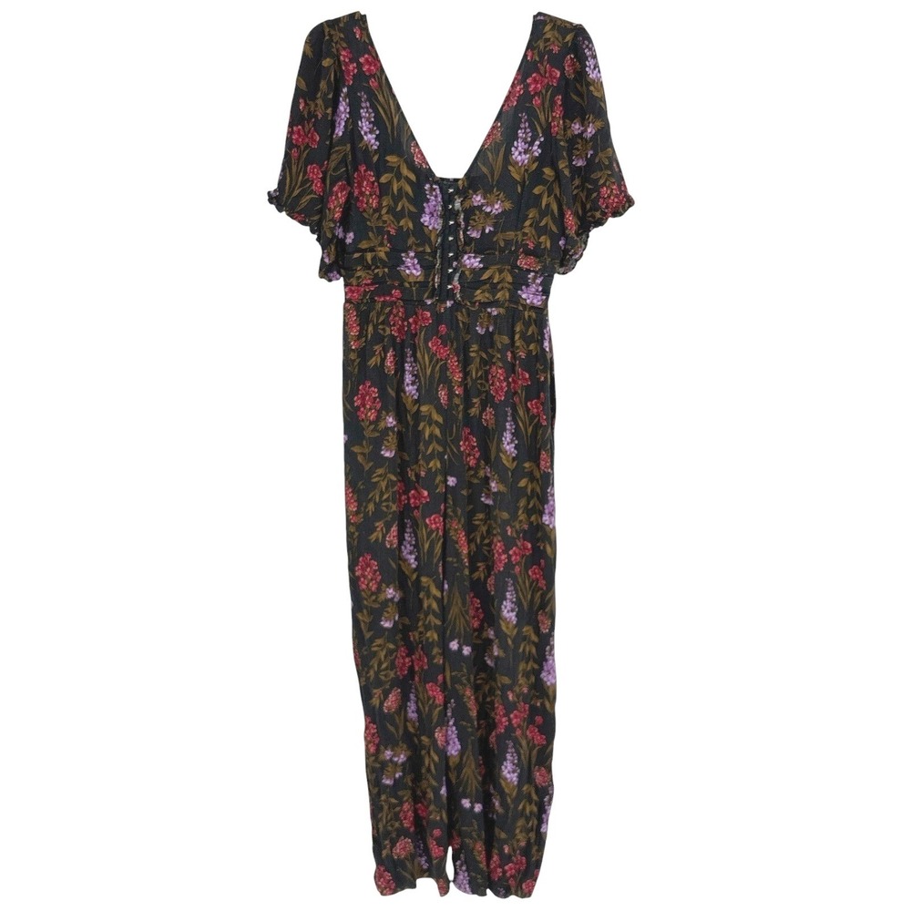 American Eagle Black Floral Wide Leg Jumpsuit Flowy V-Neck Smocked S/S Size 12